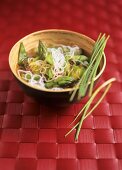 Glass noodle soup with green asparagus and mangetout peas