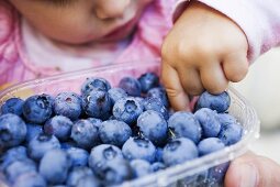Child eating freshly washed blueberries