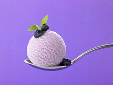 A scoop of blueberry ice cream on a spoon