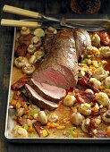 Roast beef with mushrooms and bacon