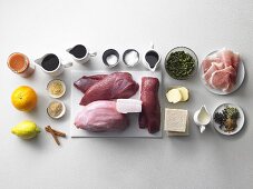 Ingredients for venison terrine with rosehip sauce and lambs lettuce