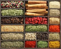 Various dried herbs and spices in type case (overhead view)