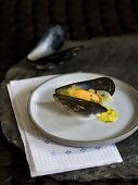 Mussel with garlic and saffron sauce (tapas)