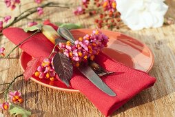 Autumn place-setting with napkin decoration of spindle tree fruit