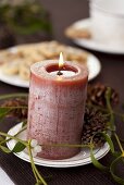 Candle with mistletoe and pine cones