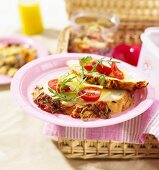 Cheese and tomatoes on onion and tomato bread for a picnic