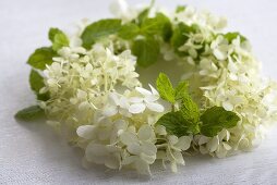 Wreath of hydrangea flowers and mint