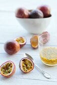 Fresh passion fruits and passion fruit pulp