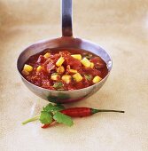 Tomato sauce with chili and sweetcorn on ladle