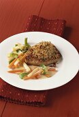 Pork steak with horseradish crust and soup vegetables