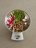 Vegetables and seafood on scales (rich in iodine)