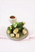 Tofu and pak choi wraps with chilli dip