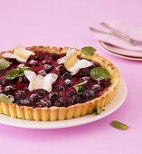 Marzipan cream tart with cherries and pastry butterflies