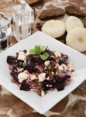 Lentil and beetroot salad with onion, feta and mint