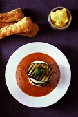 Tomato and aubergine soup with mozzarella and aubergine slices