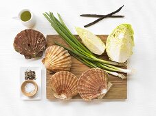 Ingredients for scallops with sauteed cabbage and vanilla oil