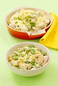 Ribbon pasta with chicken, broad beans and cream sauce