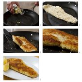 Breaded haddock being fried in a pan