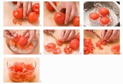 Tomatoes being peeled and chopped
