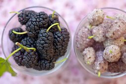 Blackberries and white blackberries in bowls (see from above)