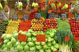 A fruit and vegetable market stall (Mercat de St. Josep (Boqueria), Las Ramblas, Barcelona, Spain)