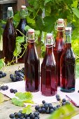 Several bottles of red grape juice on garden table