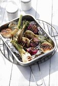 Barbecued onions and fennel marinated in wine