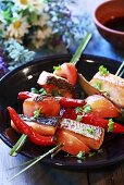 Salmon, chilli and onion skewers