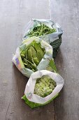 Frozen peas and beans in packaging