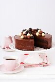 Chocolate mousse cake on cake stand
