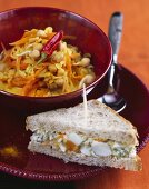 Egg and sprout sandwich and chick-pea sprout curry