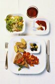 Tuna steak with vegetables, salad, yoghurt with berry puree