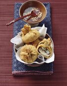 Stuffed shiitake mushrooms in pastry (deep-fried) with honey