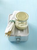 Lunch box, cutlery and dressing in screw-top jar