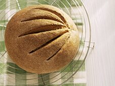 Hausbrot (rye bread) on a cake rack