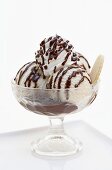 Vanilla ice cream sundae with chocolate sauce