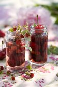 Cherry and wild strawberry liqueur in two jars