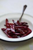 A plate of dried red chili peppers