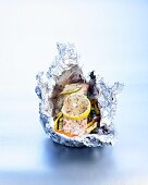 Salmon with herbs and vegetables cooked in aluminium foil