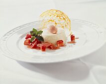 Panna cotta with rhubarb sorbet and strawberries