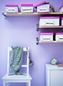 Labelled shoe boxes on shelves, chair, small cabinet