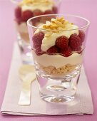 Schichtdessert mit Himbeeren, Joghurt und weisser Schokolade