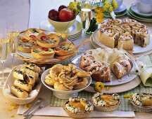 Spring brunch buffet with sweet and savoury baked goods