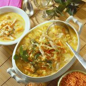Creamy chicken soup with red lentils