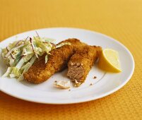Salmon fish fingers with cabbage salad (California, USA)