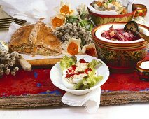 Russian Easter buffet (Pirog, eggs, borscht, salad)