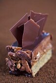 A chocolate-nut slice with chocolate flakes