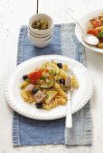Fusilli with tuna, courgettes, tomatoes and olives