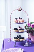 A cake stand with muffins and blackberry tartlets