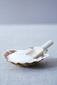 Sea salt in a scallop shell with a wooden scoop